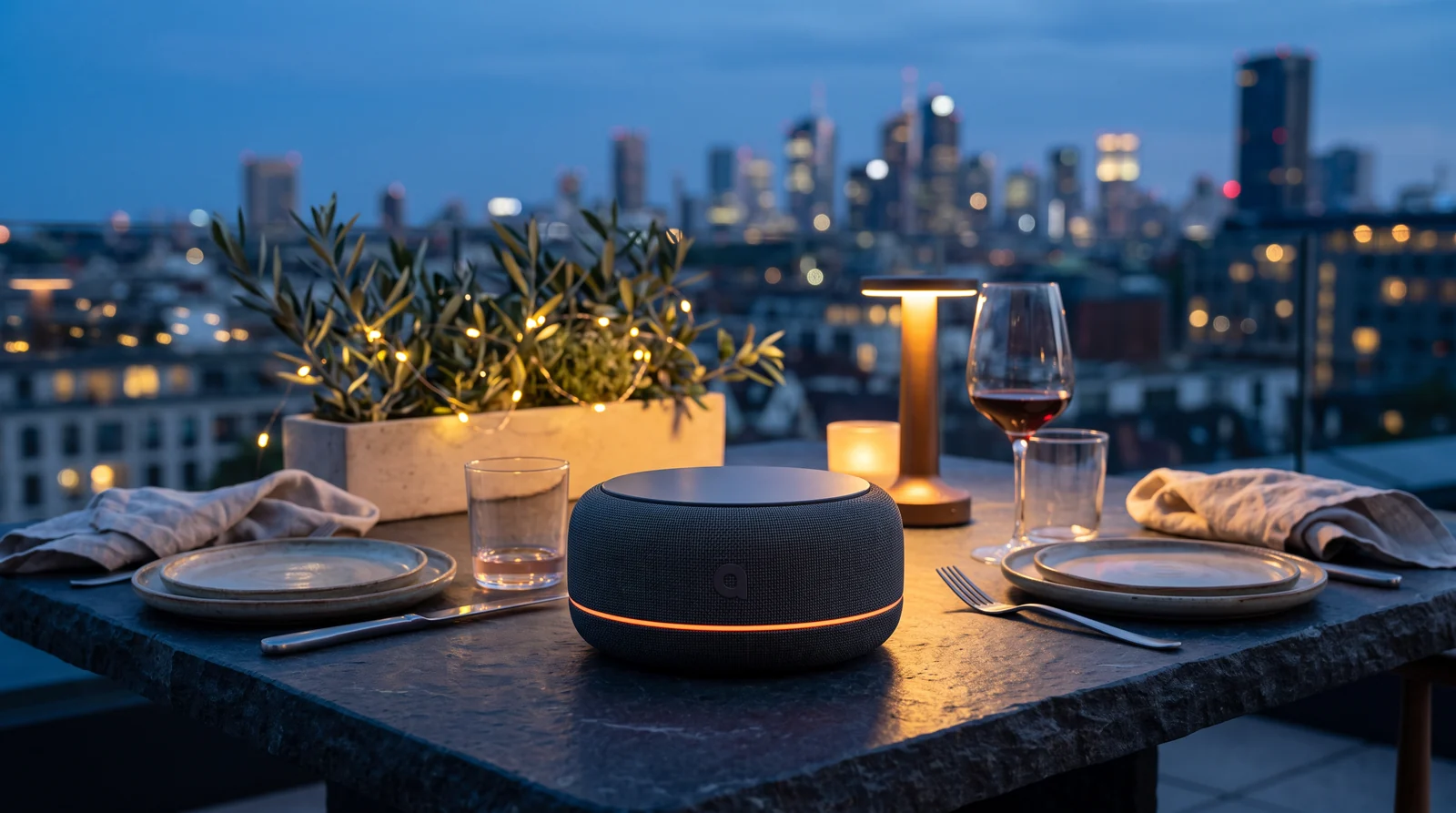Adomo Relay at a rooftop dinner during blue hour with a city skyline behind it